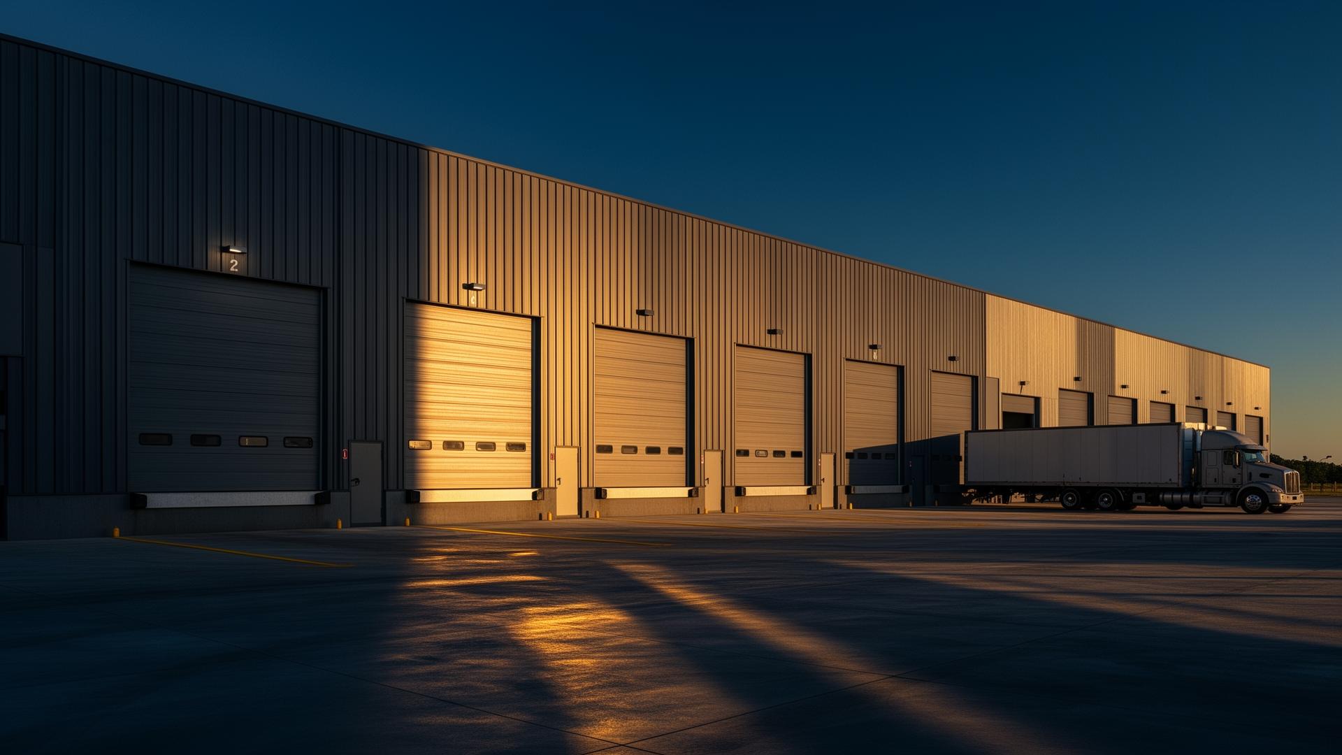Commercial loading dock with industrial garage doors at sunset
